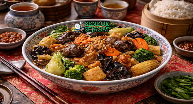 Buddha's Delight khas Cina dengan tumis sayur berwarna cerah termasuk wortel, snow peas, bok choy, jamur shiitake, dan tahu, disajikan hangat di piring putih