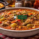 Burgoo khas Kentucky dengan stew daging sapi, babi, kentang, jagung, dan wortel dalam kuah kental beraroma rempah, disajikan hangat di mangkuk besar