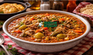Burgoo Siap Sajian dengan Kuah Kental Menggoda Burgoo khas Kentucky dengan stew daging sapi, babi, kentang, jagung, dan wortel dalam kuah kental beraroma rempah, disajikan hangat di mangkuk besar