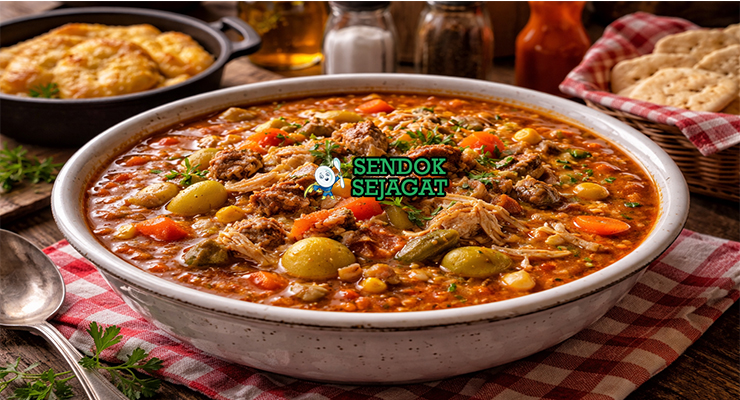 Burgoo khas Kentucky dengan stew daging sapi, babi, kentang, jagung, dan wortel dalam kuah kental beraroma rempah, disajikan hangat di mangkuk besar