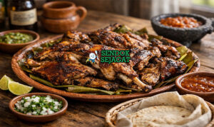 Cabrito al Pastor khas Meksiko dengan daging kambing panggang kecokelatan, nanas karamel, tortilla hangat, tampak gurih menggugah selera