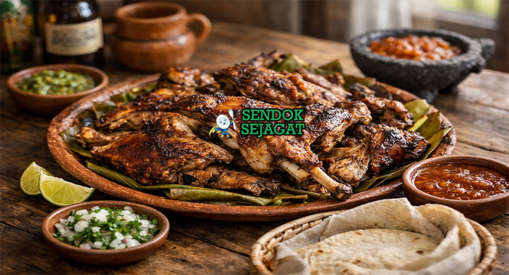 Cabrito al Pastor khas Meksiko dengan daging kambing panggang kecokelatan, nanas karamel, tortilla hangat, tampak gurih menggugah selera