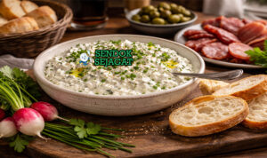 Cervelle de Canut khas Lyon dengan keju krim halus creamy, herba segar cincang, disajikan dengan roti baguette, tampak segar gurih menggugah selera