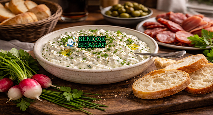 Cervelle de Canut khas Lyon dengan keju krim halus creamy, herba segar cincang, disajikan dengan roti baguette, tampak segar gurih menggugah selera