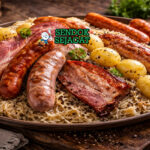 Choucroute Garnie khas Alsace dengan sauerkraut kental, daging babi empuk, berbagai sosis, tampak gurih hangat menggugah selera