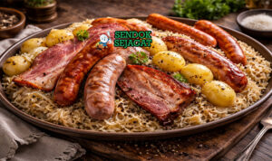 Choucroute Garnie khas Alsace dengan sauerkraut kental, daging babi empuk, berbagai sosis, tampak gurih hangat menggugah selera
