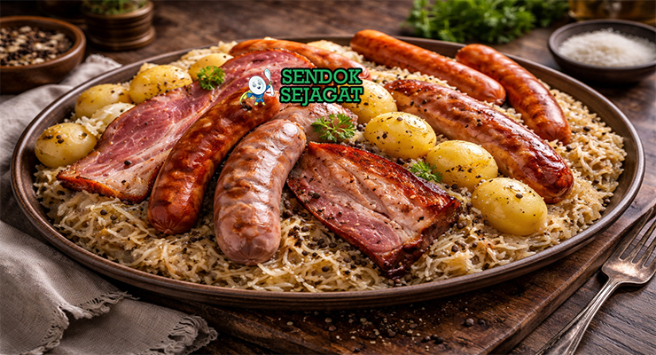 Choucroute Garnie khas Alsace dengan sauerkraut kental, daging babi empuk, berbagai sosis, tampak gurih hangat menggugah selera