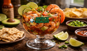 Coctel de Camarón khas Meksiko dengan camarón juicy di gelas tinggi, saus tomat merah segar, alpukat dan cilantro, tampak segar menggugah selera