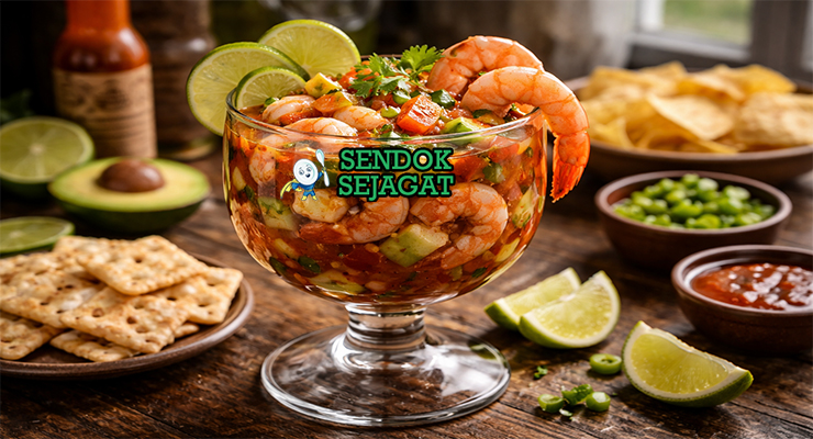 Coctel de Camarón khas Meksiko dengan camarón juicy di gelas tinggi, saus tomat merah segar, alpukat dan cilantro, tampak segar menggugah selera