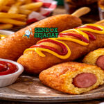 Corn Dog khas Amerika dengan sosis hotdog dibalut tepung jagung renyah keemasan, ditusuk sate, tampak gurih menggugah selera