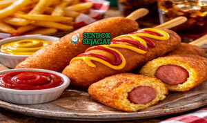 Corn Dog khas Amerika dengan sosis hotdog dibalut tepung jagung renyah keemasan, ditusuk sate, tampak gurih menggugah selera