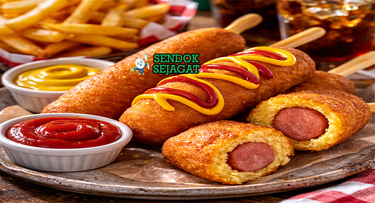 Corn Dog khas Amerika dengan sosis hotdog dibalut tepung jagung renyah keemasan, ditusuk sate, tampak gurih menggugah selera