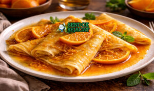 Crêpes Suzette khas Prancis dengan crêpes tipis lembut, saus jeruk karamel, flambé, tampak manis menggugah selera