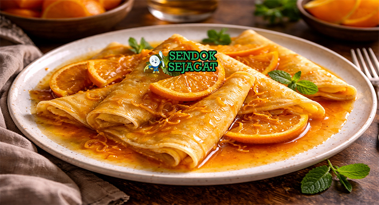 Crêpes Suzette khas Prancis dengan crêpes tipis lembut, saus jeruk karamel, flambé, tampak manis menggugah selera