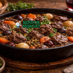 Foto daube provençale khas Prancis dalam mangkuk keramik putih, daging sapi empuk berkuah merah kental ditemani wortel, zaitun hitam, dan taburan thyme segar di atas meja kayu