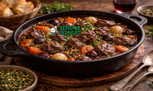 Foto daube provençale khas Prancis dalam mangkuk keramik putih, daging sapi empuk berkuah merah kental ditemani wortel, zaitun hitam, dan taburan thyme segar di atas meja kayu