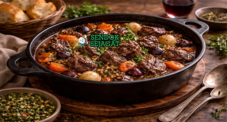 Foto daube provençale khas Prancis dalam mangkuk keramik putih, daging sapi empuk berkuah merah kental ditemani wortel, zaitun hitam, dan taburan thyme segar di atas meja kayu