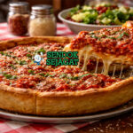 Deep Dish Pizza khas Chicago dengan crust tebal keemasan, isian keju mozzarella meleleh, daging sapi, dan saus tomat kental, dipotong di loyang