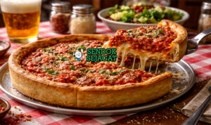 Deep Dish Pizza Siap Sajian dengan Keju Meleleh Menggoda Deep Dish Pizza khas Chicago dengan crust tebal keemasan, isian keju mozzarella meleleh, daging sapi, dan saus tomat kental, dipotong di loyang