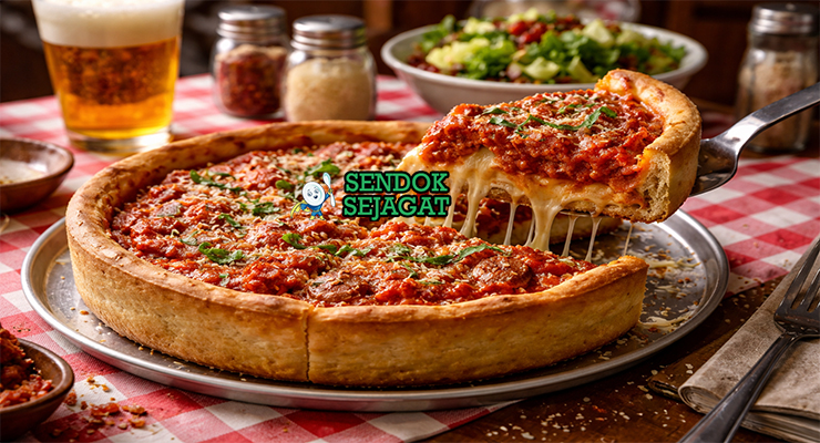 Deep Dish Pizza khas Chicago dengan crust tebal keemasan, isian keju mozzarella meleleh, daging sapi, dan saus tomat kental, dipotong di loyang