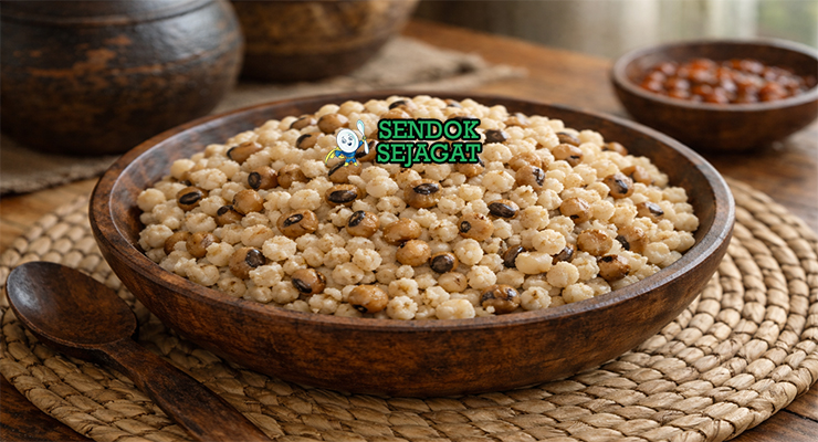 Dikgobe khas Botswana dengan stew jagung kacang polong kental gurih, tampak hangat menggugah selera