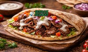 Donair khas Kanada Halifax dengan pita bread lembut, daging panggang iris tipis juicy, saus donair manis creamy, tomat bawang selada, tampak gurih menggugah selera