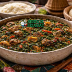 Edikang Ikong khas Nigeria dengan sup sayur ugu hijau kental berisi daging sapi, periwinkle, dan ikan kering, disajikan hangat di mangkuk tradisional