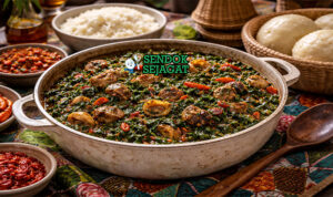 Edikang Ikong khas Nigeria dengan sup sayur ugu hijau kental berisi daging sapi, periwinkle, dan ikan kering, disajikan hangat di mangkuk tradisional