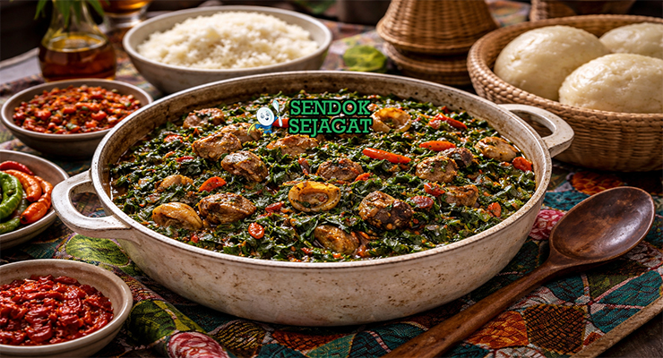 Edikang Ikong khas Nigeria dengan sup sayur ugu hijau kental berisi daging sapi, periwinkle, dan ikan kering, disajikan hangat di mangkuk tradisional