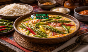 Ema Datshi khas Bhutan dengan cabai hijau empuk diselimuti saus keju creamy pedas, disajikan hangat di mangkuk bersama nasi merah Bhutan