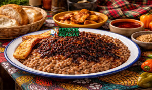 Ewa Agoyin khas Nigeria dengan kacang hitam mata yang ditumbuk lembut disiram saus Agoyin pedas gelap dari minyak kelapa sawit, disajikan hangat di piring dengan roti agege