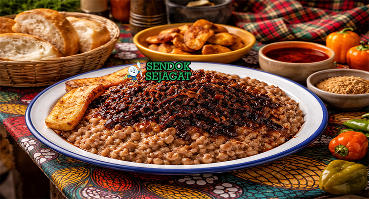 Ewa Agoyin khas Nigeria dengan kacang hitam mata yang ditumbuk lembut disiram saus Agoyin pedas gelap dari minyak kelapa sawit, disajikan hangat di piring dengan roti agege