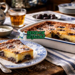 Potongan Far Breton khas Bretagne dengan custard lembut berwarna keemasan, prune kering tersebar merata, disajikan hangat di piring putih sederhana