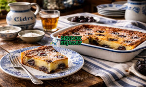 Potongan Far Breton khas Bretagne dengan custard lembut berwarna keemasan, prune kering tersebar merata, disajikan hangat di piring putih sederhana