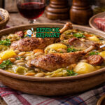 Garbure khas Pyrenees dengan potongan confit bebek, kol, kentang, dan kacang putih di kuah kental hangat, disajikan di mangkuk besar bersama roti desa