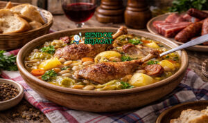 Garbure Siap Sajian dengan Kuah Kental Menggoda Garbure khas Pyrenees dengan potongan confit bebek, kol, kentang, dan kacang putih di kuah kental hangat, disajikan di mangkuk besar bersama roti desa