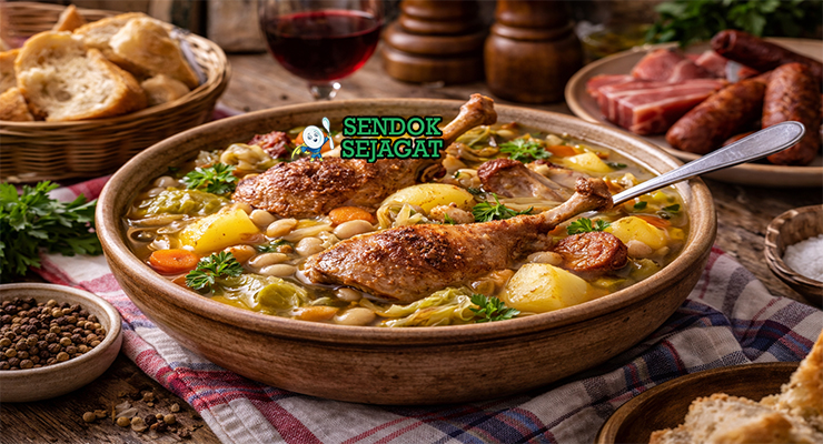 Garbure khas Pyrenees dengan potongan confit bebek, kol, kentang, dan kacang putih di kuah kental hangat, disajikan di mangkuk besar bersama roti desa