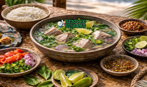 Garudhiya khas Maladewa dengan kuah bening berisi tuna suwir, bawang, cabai hijau, dan daun pandan, disajikan hangat di mangkuk putih bersama roshi tipis