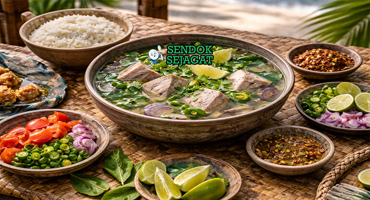 Garudhiya khas Maladewa dengan kuah bening berisi tuna suwir, bawang, cabai hijau, dan daun pandan, disajikan hangat di mangkuk putih bersama roshi tipis