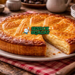 Gâteau Basque khas Prancis dengan adonan pendek renyah keemasan dan isi selai cerry hitam manis, dipotong cantik di piring putih