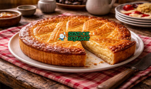 Gâteau Basque khas Prancis dengan adonan pendek renyah keemasan dan isi selai cerry hitam manis, dipotong cantik di piring putih