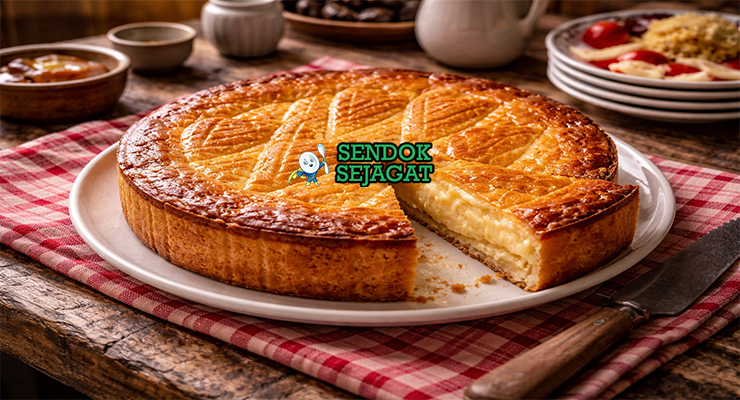 Gâteau Basque khas Prancis dengan adonan pendek renyah keemasan dan isi selai cerry hitam manis, dipotong cantik di piring putih