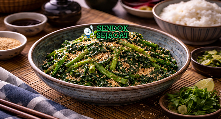 Goma-ae khas Jepang dengan sayur hijau renyah dibalut saus wijen gurih manis, disajikan dingin di piring putih sebagai pendamping nasi