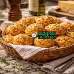 Gougères khas Prancis dengan kue choux kecil renyah keemasan berisi keju Gruyère lumer, disajikan hangat di piring putih sebagai camilan pembuka