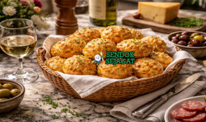 Gougères khas Prancis dengan kue choux kecil renyah keemasan berisi keju Gruyère lumer, disajikan hangat di piring putih sebagai camilan pembuka