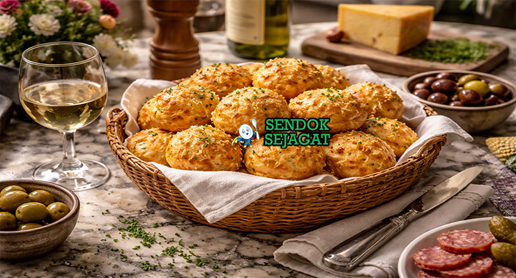 Gougères khas Prancis dengan kue choux kecil renyah keemasan berisi keju Gruyère lumer, disajikan hangat di piring putih sebagai camilan pembuka