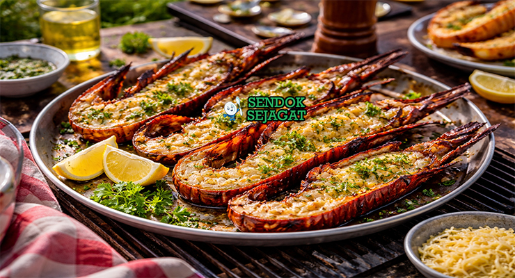 Grilled WA Marron khas Australia dengan marron segar belah panggang keemasan, oles mentega bawang putih dan lemon myrtle, disajikan hangat di piring dengan irisan lemon