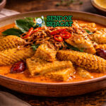 Gulai babat Padang berkuah kental kuning keemasan, babat empuk kenyal disajikan di piring putih dengan nasi dan kerupuk