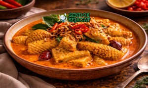 Gulai babat Padang berkuah kental kuning keemasan, babat empuk kenyal disajikan di piring putih dengan nasi dan kerupuk