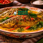 Gulai ikan mas khas Padang dengan potongan ikan mas empuk di kuah santan kuning pekat berempah, disajikan hangat di mangkuk bersama nasi putih